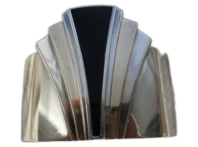 Autre Marque Brazalete de plata maciza y ónix, años 90.