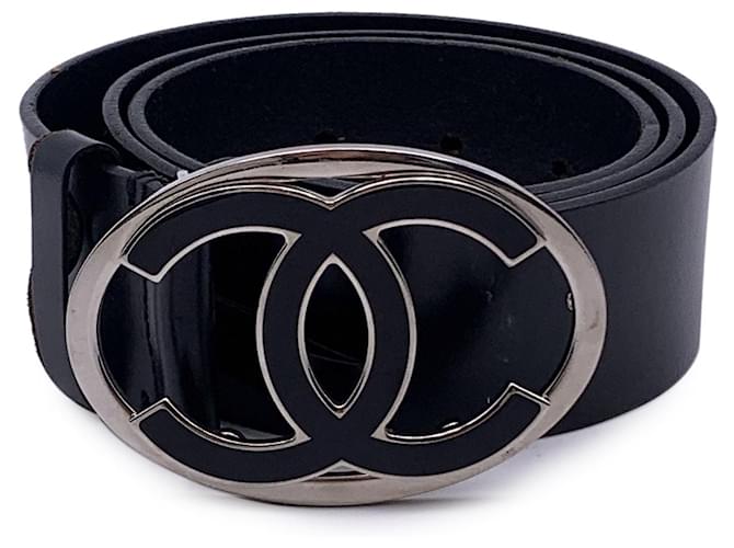 Chanel Black Leather Silver CC Logo Buckle Belt Size 85 34 ref.1669389 Joli Closet