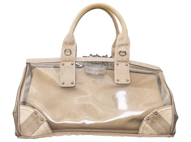 Prada Crystal Embellished PVC Canvas Frame Bag Beige