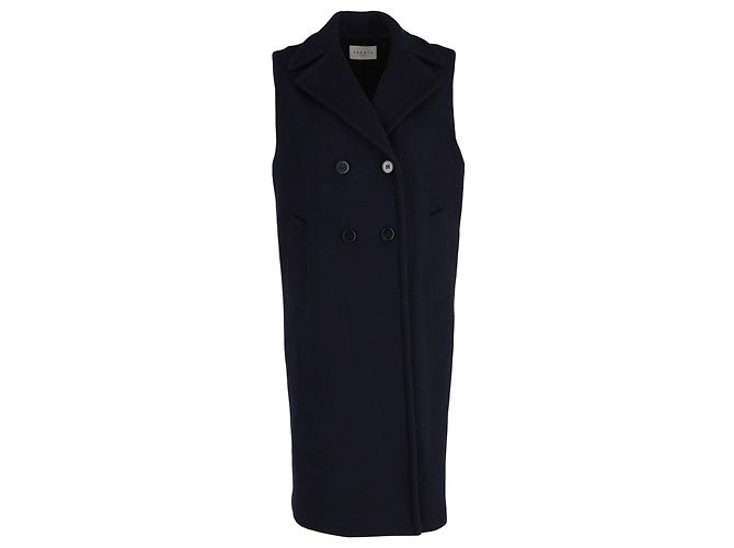 Sandro Paris Double-Breasted Sleeveless Coat in Navy Blue Wool