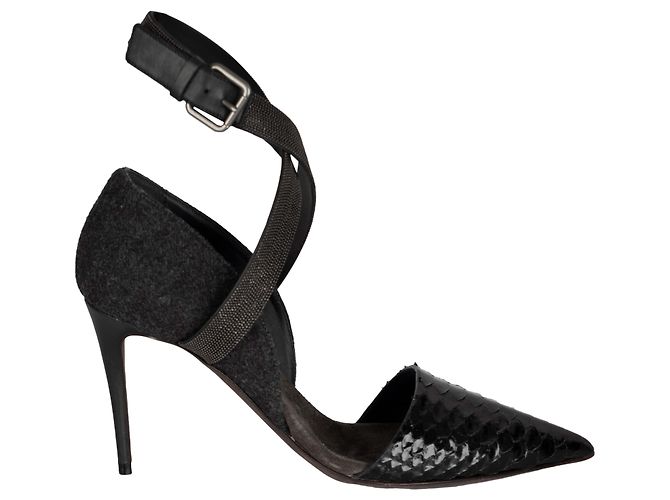Brunello Cucinelli Monili Beaded Ankle Strap Python Leather Pumps - '10s Grey