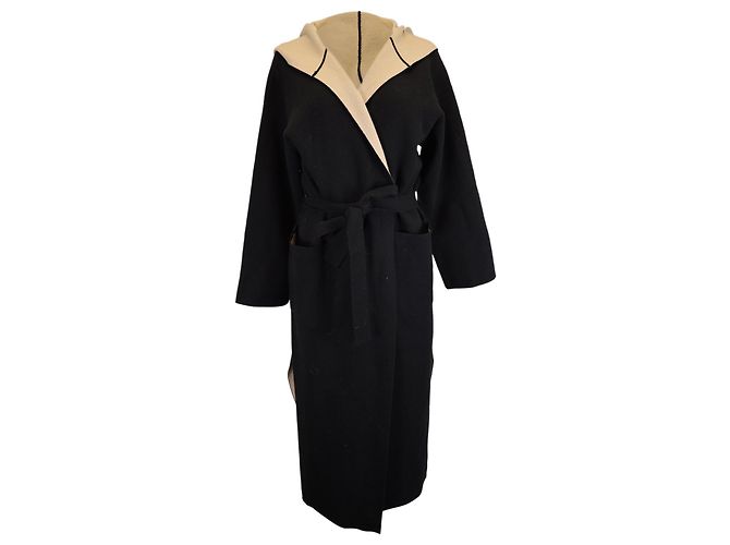 Abrigo largo con capucha Pavidi de Max Mara en lana negra y nude Negro