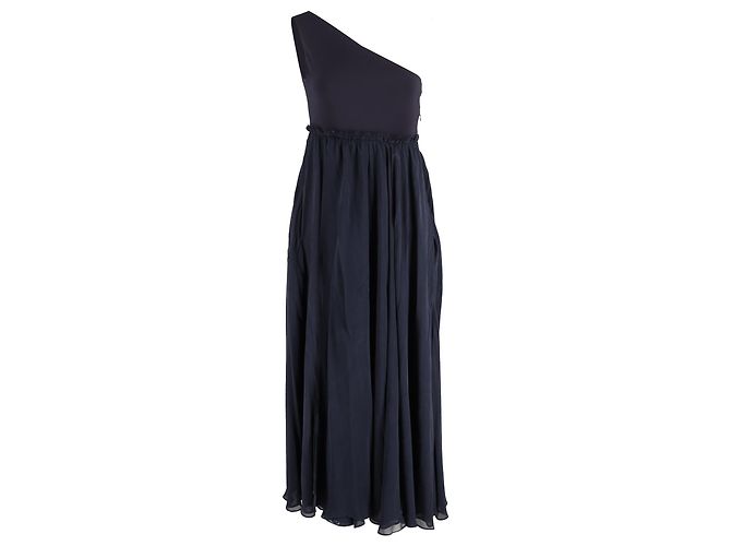 Abito maxi a spalla unica Pierre Balmain in poliestere e cotone blu navy