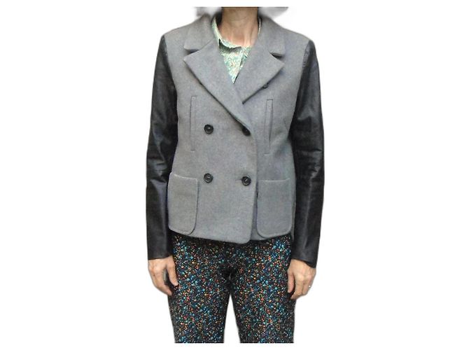 Maje Wool Coat with Leather Sleeves Grey