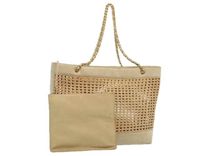 CHANEL COCO Mark Chain Tote Bag Straw Leather Beige Gold CC