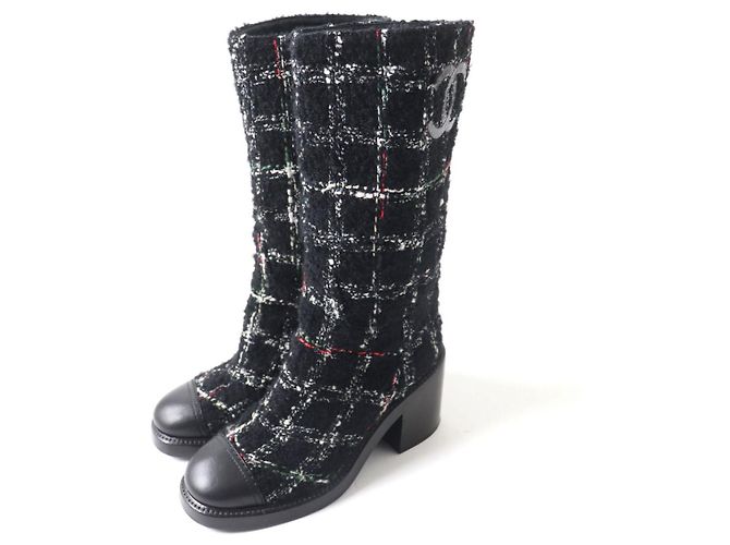 Botas longas de couro e tweed Chanel G39614 pretas