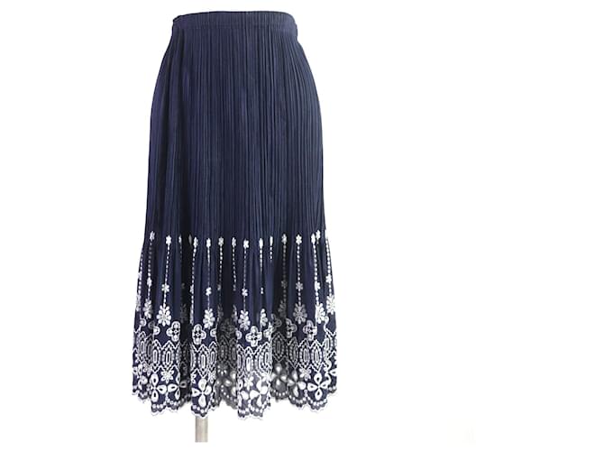 Autre Marque Polyester Pleated Long Skirt Navy White Plastic  ref.1688722
