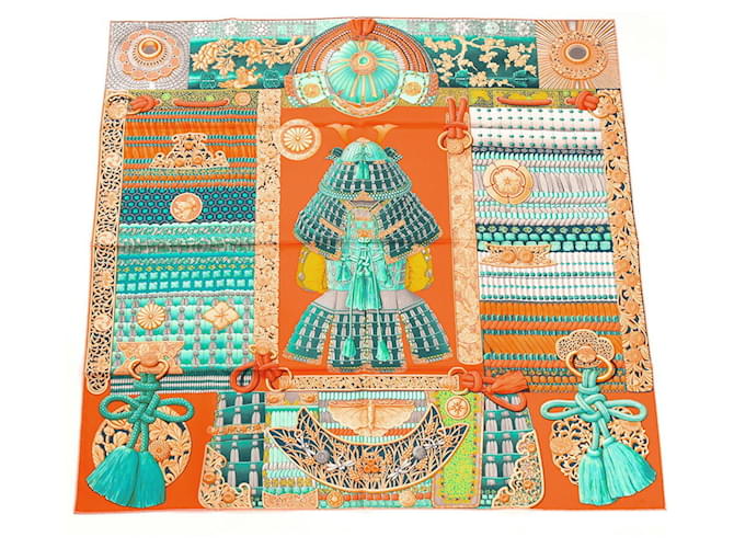 Hermès Hermes Carré 90 Samurai Armor Scarf Orange Turquoise Hermès Hermes Carré 90 Samurai Armor Scarf Orange Turquoise