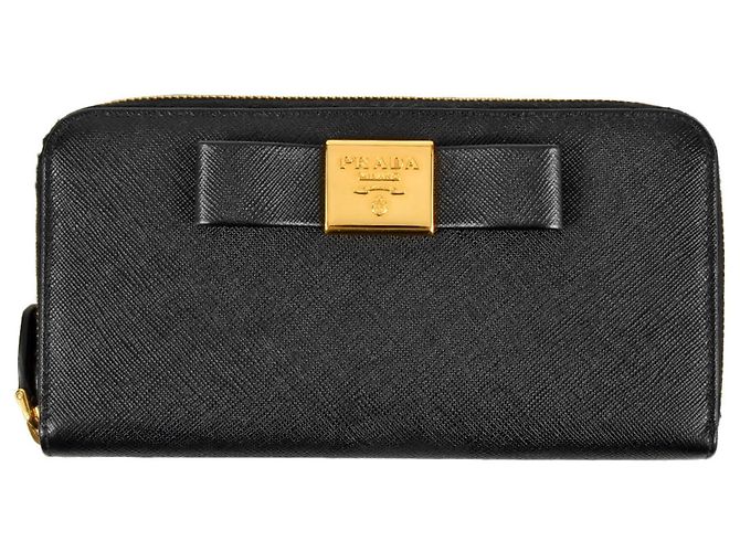 Prada Ribbon Round Saffiano Long Wallet Black