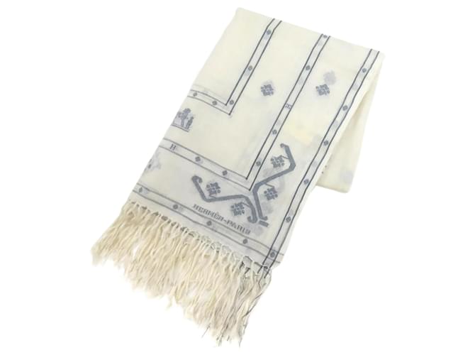 Étole en soie et coton Hermès Blanc Bleu Marine  ref.1709786