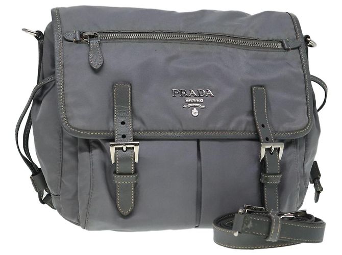 PRADA Schultertasche Nylon Grau Silber Authentisch 89792 Braun