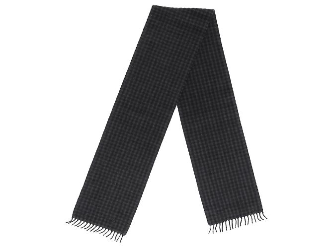 Prada Logo with Pattern Fringed Scarf in Black and Grey Cashmere