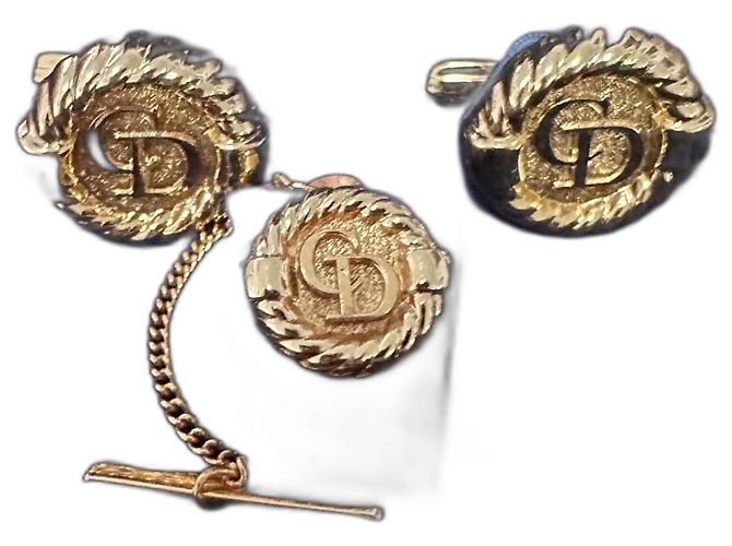 Gemelli e spilla per cravata Christian Dior logo rotondo dorato D'oro