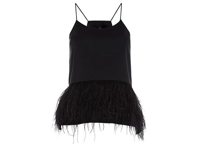 Top Tibi nero con piume di struzzo