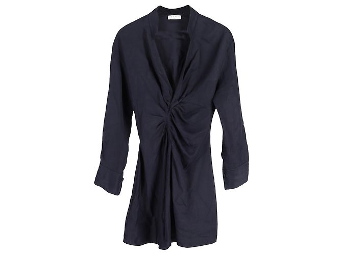 Sandro Paris Gathered Front Detail Mini Long Sleeve Dress in Navy Blue Viscose