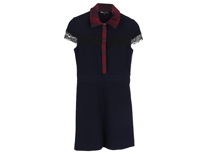 Maje Riloid Lace Trim Mini Collared Dress in Navy Blue Polyester