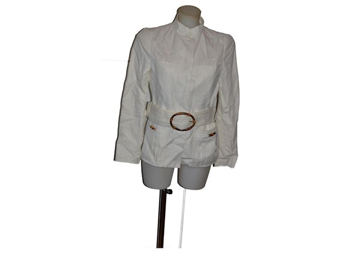 Giacca Zara bianca in cotone e lino con cintura effetto bambù Bianco