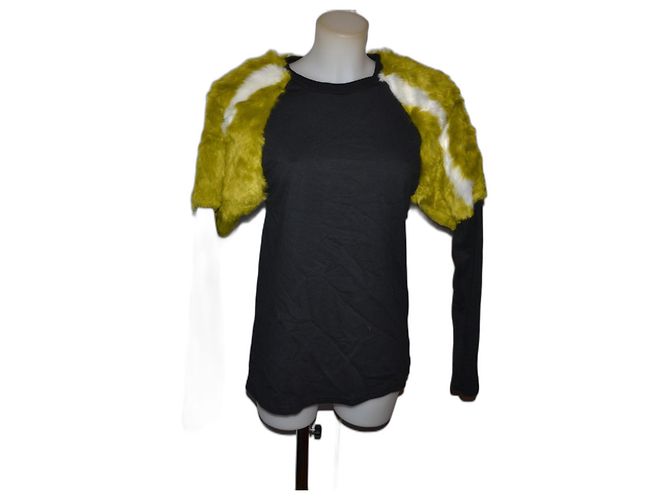 Zara Baumwollpullover mit Kunstfell-Schultern schwarz Mehrfarben 