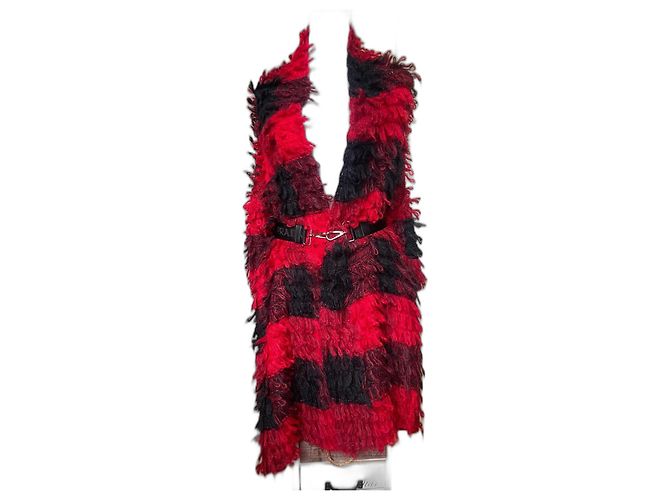Dior Asymmetrical Checkered Mohair Coat Black Red
