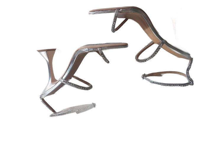 Autre Marque Silver Ostrich Leather Rhinestone Strap Heels