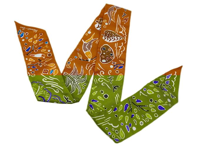 Hermès Hermes Twilly Isola di Primavera Scarf White Orange Silk  ref.1716687