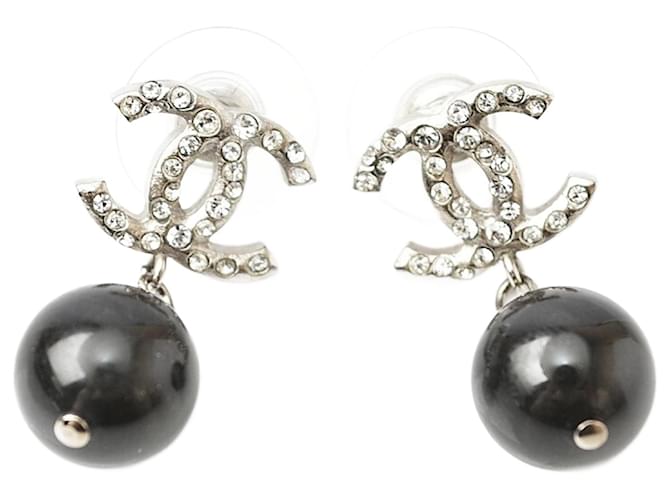 CHANELメタリ Chanel CC Mark Swing Pearl Rhinestone Earrings Black Silvery