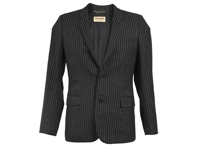 Saint Laurent Pinstripe Single-Breasted Blazer with Pockets in Black Wool