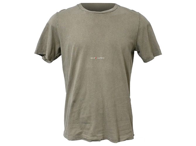 Camiseta de algodón caqui con estampado del logo de Saint Laurent efecto desgastado
