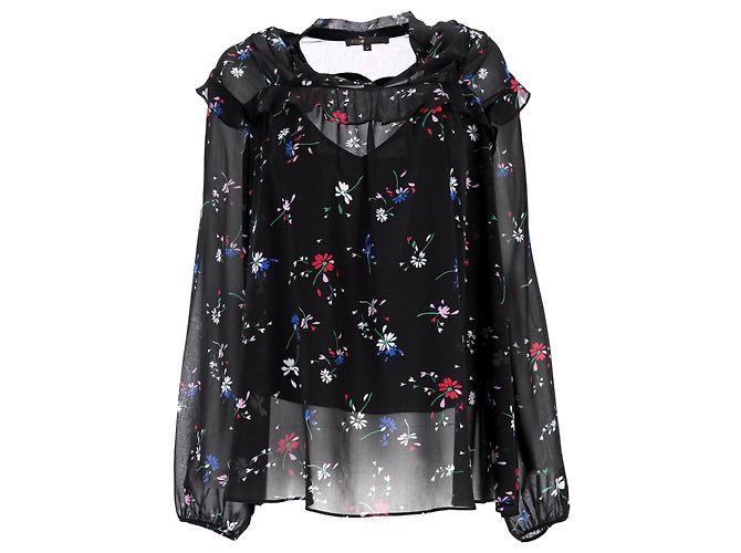 Maje Rüschentop mit Blumenmuster aus schwarzem Polyester