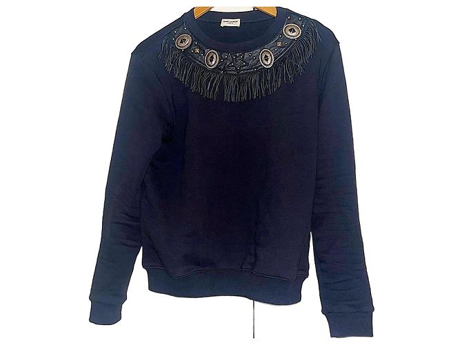 Moleton autêntico Saint Laurent 14 AW Slimane em couro de cordeiro com franjas e ornamento de metal Preto