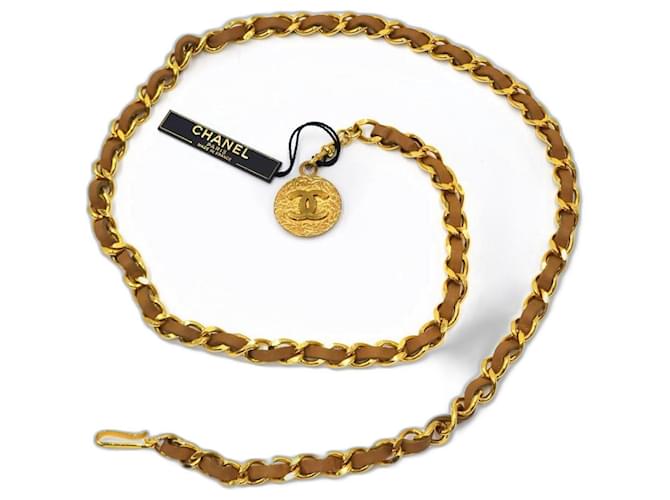 Chanel 1982 24K Gold Plated CC Medallion Beige Leather Chain