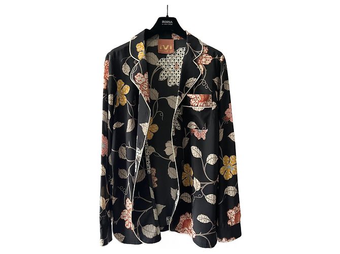 Autre Marque Bluse Blazer IVI Collection aus schwarzer Seide mit Blumenmuster
