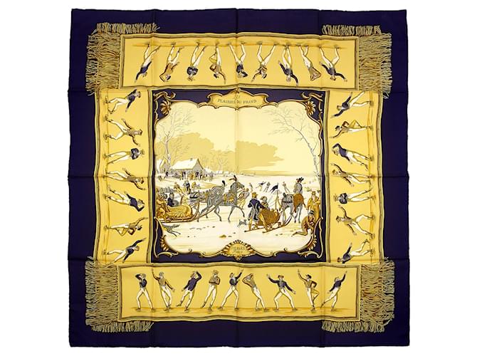 Hermès Carré 140 "LES PLAISIRS DU FROID" Cashmere x Silk Scarf in Navy Blue  ref.1725981