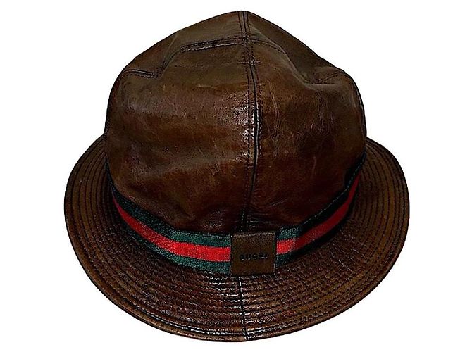 Authentic Gucci Rare Tom Ford Brown Leather Web Bucket Hat