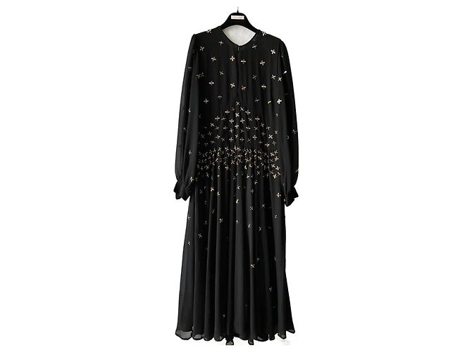 Twin Set Langes Chiffon Kleid Schwarz mit goldenen Perlen 44 IT