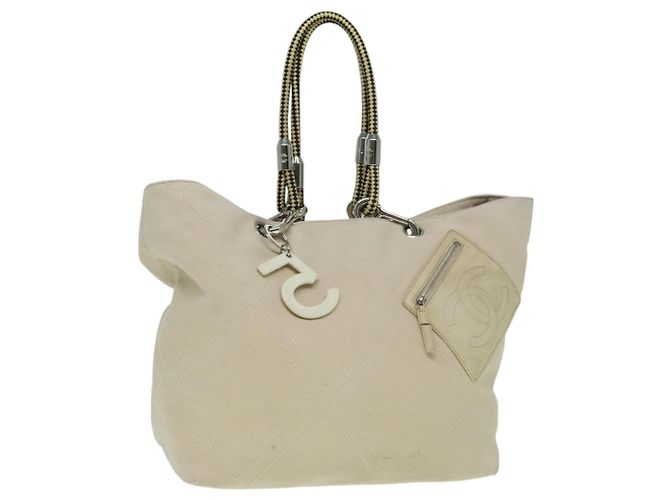 CHANEL COCO Tote Bag aus Canvas Beige Silber CC Auth bs18464