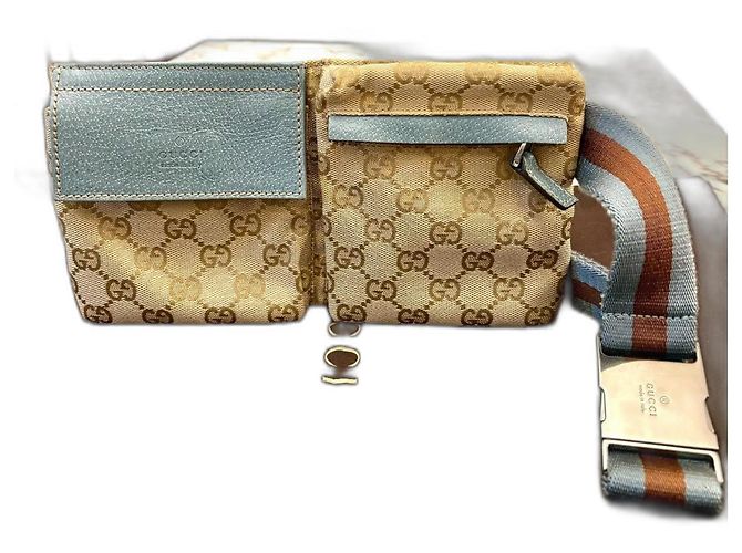Gucci GG Monogram Web Double Pocket Belt Bag Blue Brown Beige