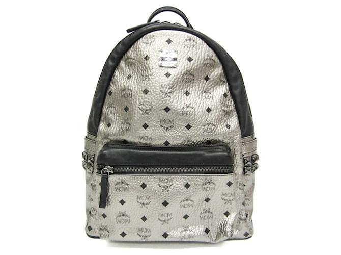 MCM Visetos Women s Leather Studded Backpack Black Silvery ref.1727116 Joli Closet