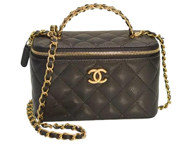 Chanel Black Shiny Caviar Quilted Pick me up Vanity Case 22S