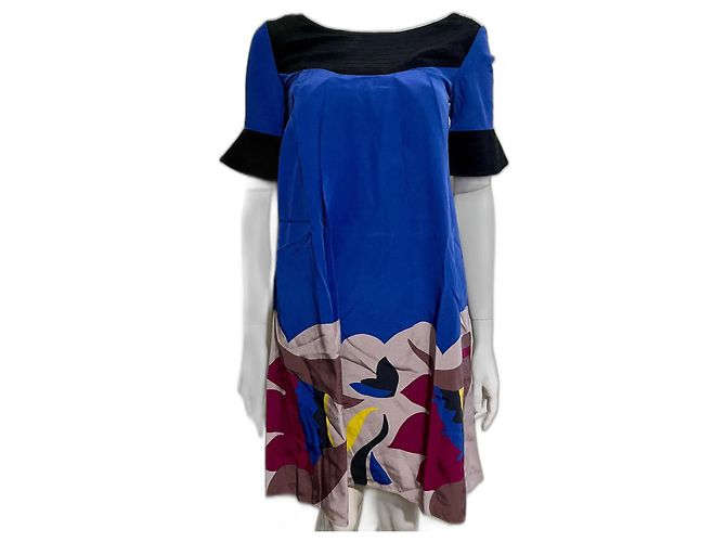 Temperley London Abito in seta blu e multicolore con maniche a tromba