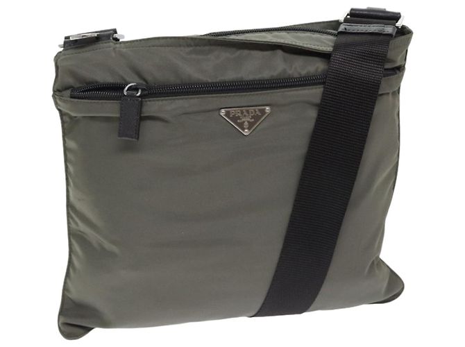 PRADA Schultertasche Nylon Grau Silber Authentisch ep5770 Braun