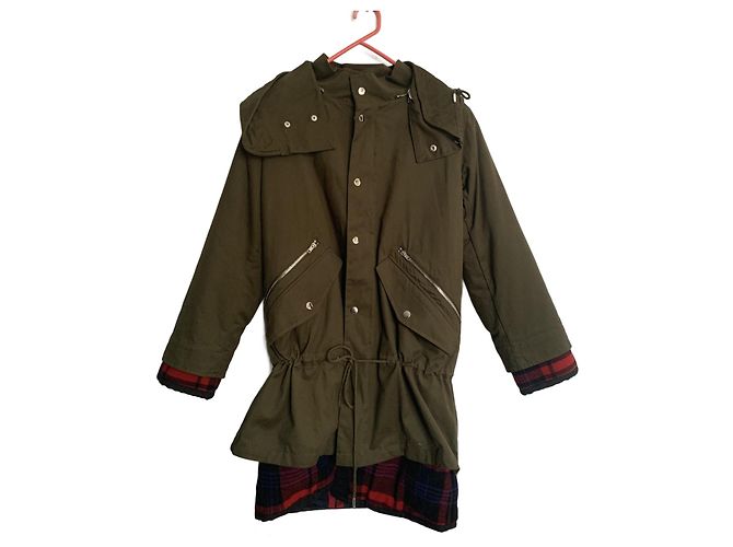 Maje Cotton Coat Khaki and Red Black Checkered