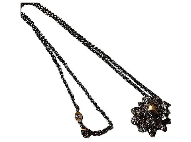Echter Alexander McQueen Silberplattierter Blumen-Schädel-Halskette Silber Hardware