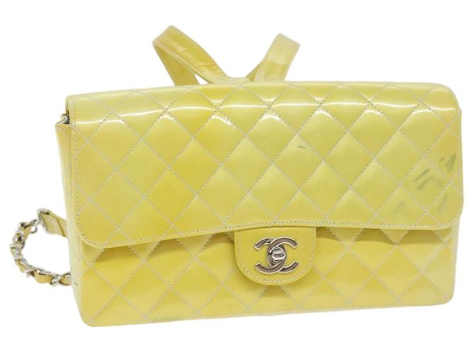 CHANEL Matelasse Backpack Patent leather Yellow Silver CC Auth 89374 Silvery