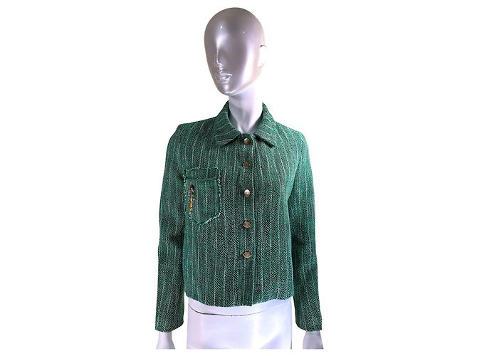 Sandro Green Tweed Blazer Jacket with Sequin Parrot