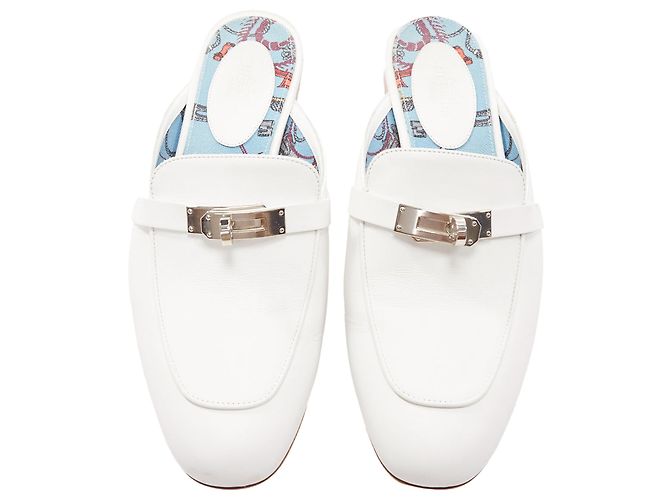 Hermès Mocassim de couro Oz Hermes com fivela Kelly prateada Branco