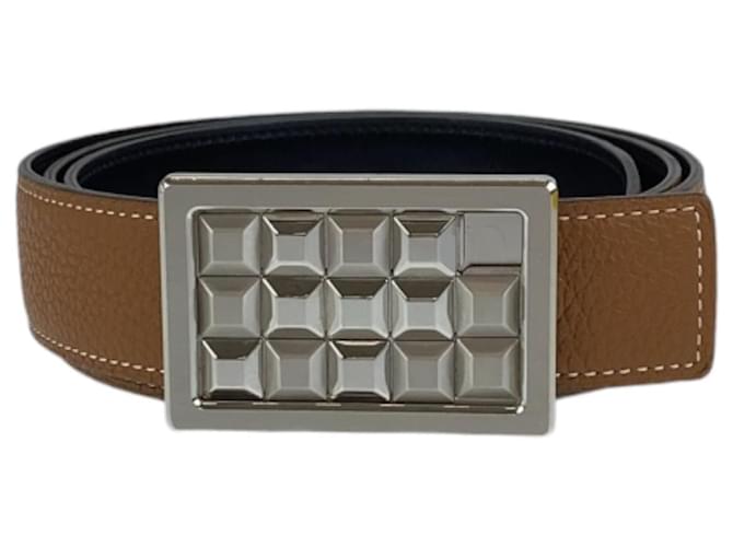 Hermès Hermes Studded Buckle Belt Gold Brown Silver Golden Metallic Leather  ref.1737073