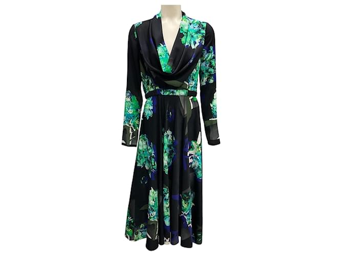 Prabal Gurung Black / Blue / Green Multi Floral Printed Midi Dress Multiple colors Polyester  ref.1737456