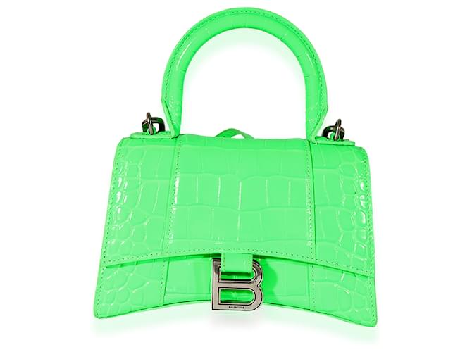 Balenciaga Fluo Green Shiny Calfskin Crocodile Embossed XS Hourglass Top Handle Leather  ref.1737480