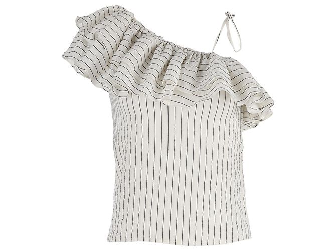 Blusa a righe con volant Ganni Wilkie in cotone e seta bianca Multicolore